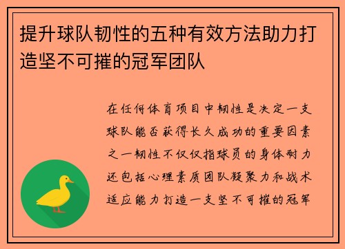 提升球队韧性的五种有效方法助力打造坚不可摧的冠军团队